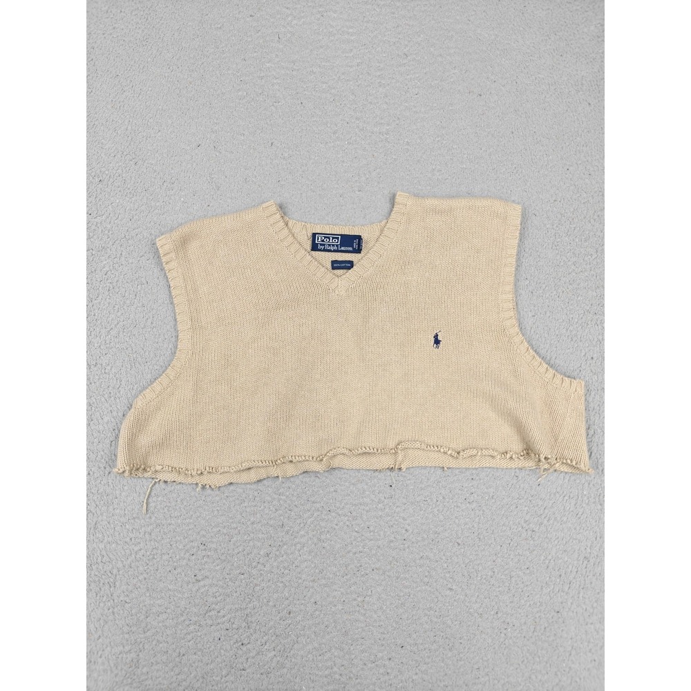 Polo Ralph Lauren Sweater‎ Vest Womens XL Beige Cotton Knit V Neck Crop Top